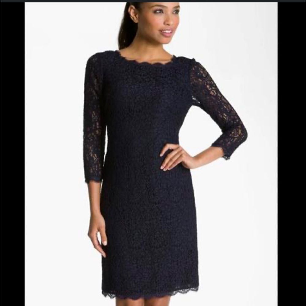 Adrianna Papell navy Blue Lace Formal Dress size 12 mini sheath 3/4 sleeve